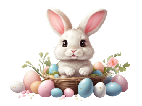Cute bunny with easter eggs, png illustration watercolor on transparent background, for your print, greeting card design, t-shirt design