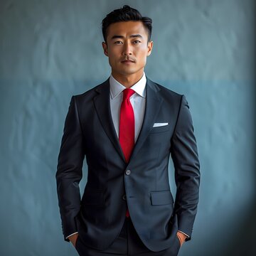  A confident businessman wearing a black suit and red tie, standing against a solid blue background, exuding professionalism and determination in a full-body portrait