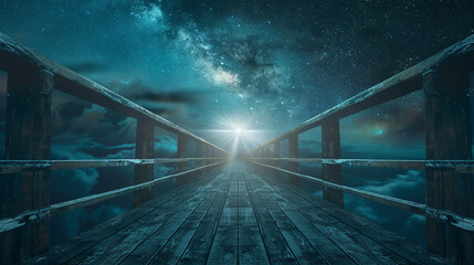 An infinite bridge stretches towards a horizon lit by starlight in a world where every dream is within reach