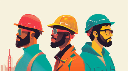 Construction worker teacher and tech developer side by side in minimal illustrations celebrating the spectrum of jobs