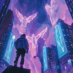 In the heart of a vaporwave city a hero confronts death guided by holographic angels through landscapes of heaven and hell