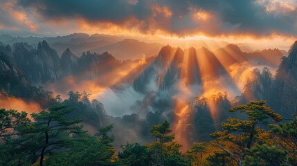 wide angle dramatic long exposure waiting for a breathtaking sunrise, light rays through the fog and clouds,long exposure ,photographically detailed portraitures, maori art, romantic landscapes - obrazy, fototapety, plakaty