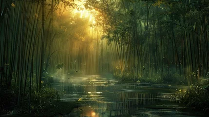Gordijnen shockingly beautiful bamboo forest at sunrise, misty, dark, lush green, wet ground, extremely relaxing and sleep inducing © paisorn