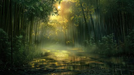 Fototapeta na wymiar shockingly beautiful bamboo forest at sunrise, misty, dark, lush green, wet ground, extremely relaxing and sleep inducing