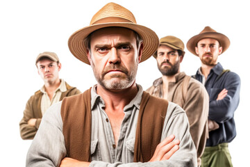 Group of irritated, angry male farmer in work clothes, white background isolate.