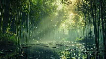 shockingly beautiful bamboo forest at sunrise, misty, dark, lush green, wet ground, extremely relaxing and sleep inducing