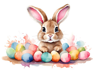 Fototapeta na wymiar Cute bunny with easter eggs, png illustration watercolor on transparent background, for your print, greeting card design, t-shirt design