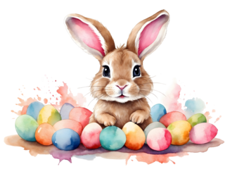 Cute bunny with easter eggs, png illustration watercolor on transparent background, for your print, greeting card design, t-shirt design