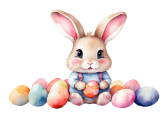 Cute bunny with easter eggs, png illustration watercolor on transparent background, for your print, greeting card design, t-shirt design