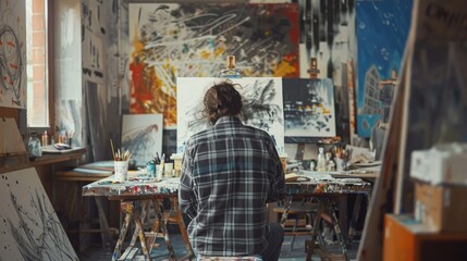 An artist sits in a sunlit studio, painting on a canvas. The studio is full of paintings and art...