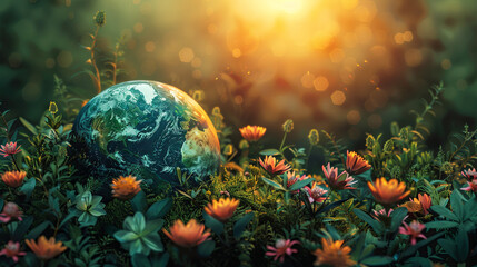 Obraz na płótnie Canvas Green planet, World environment and safe nature earth day concept, eco friendly ecology Background with light and flowers , AI Generation