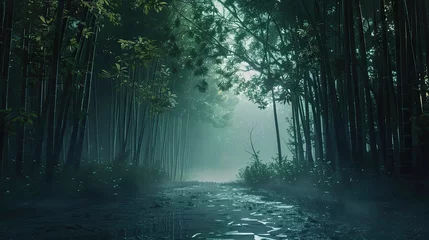 Fotobehang shockingly beautiful bamboo forest at sunrise, misty, dark, lush green, wet ground, extremely relaxing and sleep inducing © paisorn