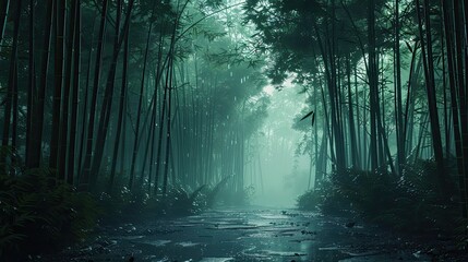 shockingly beautiful bamboo forest at sunrise, misty, dark, lush green, wet ground, extremely relaxing and sleep inducing - obrazy, fototapety, plakaty