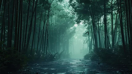  shockingly beautiful bamboo forest at sunrise, misty, dark, lush green, wet ground, extremely relaxing and sleep inducing © paisorn
