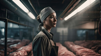 female worker at a meat food processing plant. created with ai