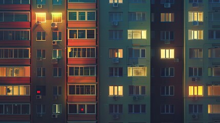 Fototapeta na wymiar side view of modern apartment house windows, some of them with lights on, in the night, photoreal 