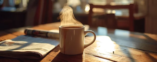 Foto op Plexiglas coffee cup or mug on wood table. Fresf hot coffee in cup from side view © Filip