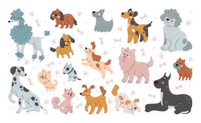 Obraz na płótnie Canvas Dog cute. Pet line, funny character animal, icon pattern, set sketch doodle, art cartoon fun happy characters, action decoration design, baby decor nursery and textile. Vector tidy isolated background