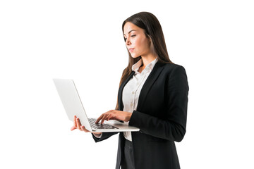 Professional female in black suit working on laptop, white backdrop, business technology concept