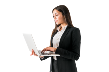 Professional female in black suit working on laptop, white backdrop, business technology concept
