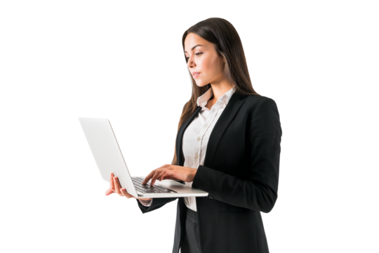 Professional female in black suit working on laptop, white backdrop, business technology concept