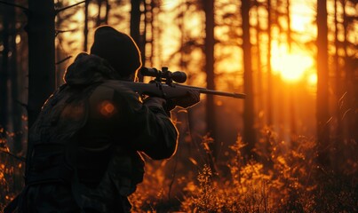 Hunter in holding rifle and shooting at evening forest. - obrazy, fototapety, plakaty