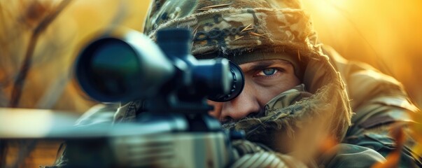 Hunter aiming rifle and looking through a sniper scope - obrazy, fototapety, plakaty