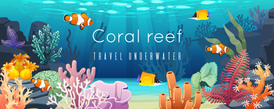Coral reef, underwater background. Undersea ocean animal poster, aquarium tropical fish, sea banner, summer art nature water, travel swimming. Nature landscape. Vector colorful cartoon illustration