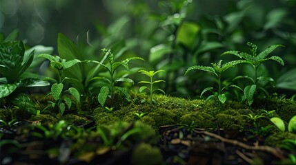 small plants are growing out of a leafy, green moss