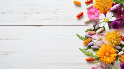 Various pills, herbal remedies, and blossoms laid out on a white wooden surface, top view with room for text.