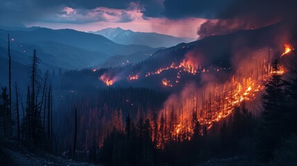 A forest fire In the mountains at night