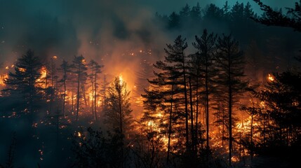 Panorama of a forest fire at night