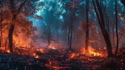 A forest fire at night  - obrazy, fototapety, plakaty