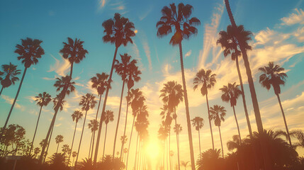 A vintage-filtered image of palm trees silhouetted against a vibrant blue sky, captured from a low angle with sunlight filtering through the leaves - obrazy, fototapety, plakaty