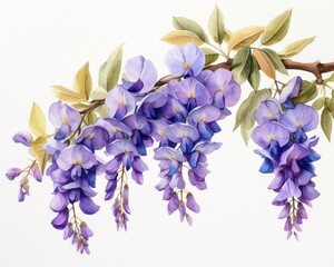 Watercolor painting of beautiful blooming purple wisteria flowers on a clean white background, spring floral artwork