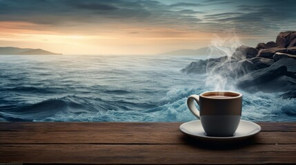 Steaming coffee cup with sea view 