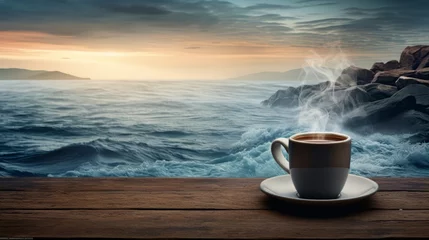 Poster Steaming coffee cup with sea view  © Katya