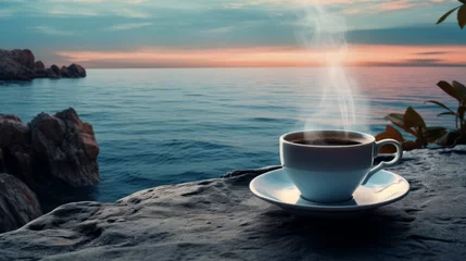 Fotobehang Steaming coffee cup with sea view © Katya