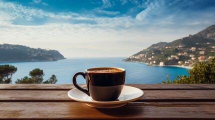 Steaming coffee cup with a view of the sea bay