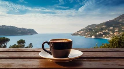 Foto op Plexiglas Steaming coffee cup with a view of the sea bay © Katya