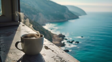 Steaming coffee cup with a view of the sea bay - obrazy, fototapety, plakaty