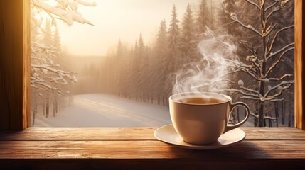 Steaming coffee cup by the window with a winter landscape