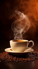 Steaming coffee cup on a brown background