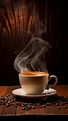 Steaming coffee cup on a brown background 