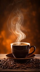 Steaming coffee cup on a brown background