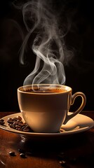 Steaming coffee cup on a black background