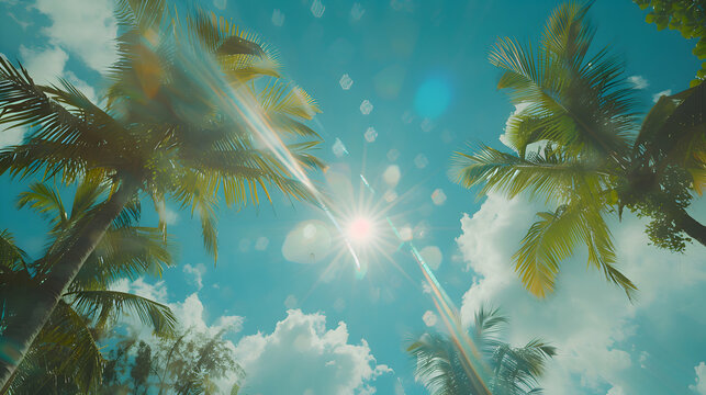 A vintage-filtered image of palm trees silhouetted against a vibrant blue sky, captured from a low angle with sunlight filtering through the leaves