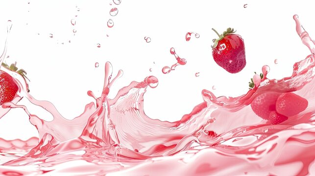 Splashes and waves of strawberry juice on a white clean background in the air, seamless presentation banner