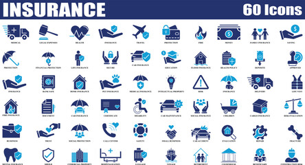 Insurance and Assurance colorful icon set. Editable Set of 60 Insurance and Assurance web icons in fill style. High quality business icon set of Insurance