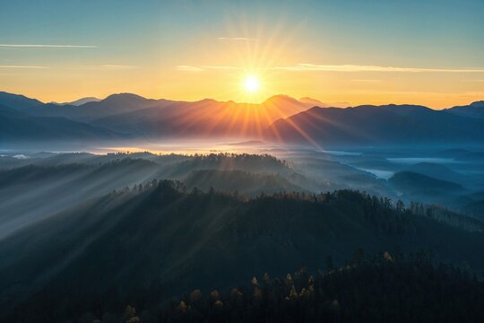 Dramatic Sunrise over the Mountains. Colourful Nature Background.